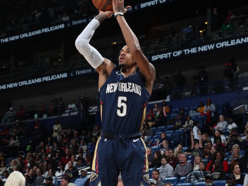 NEW ORLEANS, LA - JANUARY 17:  Dejounte Murray #5 of the New Orleans Pelicans shoots a three point basket during the game against the Utah Jazz on January 17, 2025 at the Smoothie King Center in New Orleans, Louisiana. NOTE TO USER: User expressly acknowledges and agrees that, by downloading and or using this Photograph, user is consenting to the terms and conditions of the Getty Images License Agreement. Mandatory Copyright Notice: Copyright 2025 NBAE (Photo by Layne Murdoch Jr./NBAE via Getty Images)