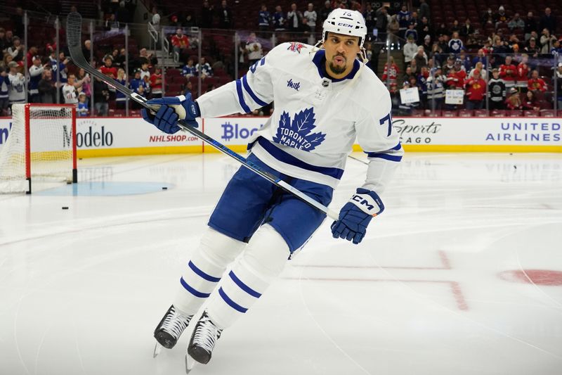 Nov 24, 2023; Chicago, Illinois, USA; Toronto Maple Leafs right wing Ryan Reaves (75) warms up before a game against the Chicago Blackhawks at United Center. Mandatory Credit: David Banks-USA TODAY Sports