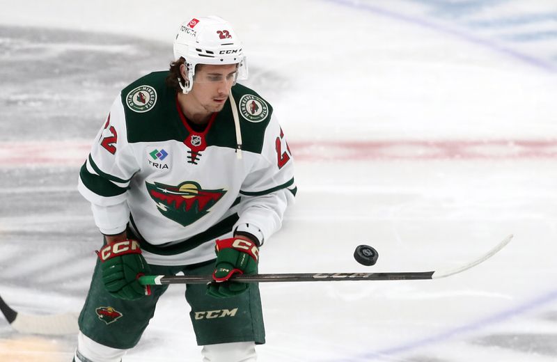 Oct 29, 2024; Pittsburgh, Pennsylvania, USA; Minnesota Wild center Marat Khusnutdinov (22) warms up before the game against the Pittsburgh Penguins at PPG Paints Arena. Mandatory Credit: Charles LeClaire-Imagn Images