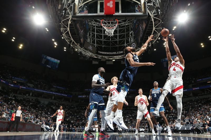 MINNEAPOLIS, MN -  OCTOBER 26: Scottie Barnes #4 of the Toronto Raptors shoots the ball during the game against the Minnesota Timberwolves on October 26, 2024 at Target Center in Minneapolis, Minnesota. NOTE TO USER: User expressly acknowledges and agrees that, by downloading and or using this Photograph, user is consenting to the terms and conditions of the Getty Images License Agreement. Mandatory Copyright Notice: Copyright 2024 NBAE (Photo by David Sherman/NBAE via Getty Images)