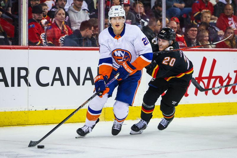 Nov 18, 2023; Calgary, Alberta, CAN; New York Islanders right wing Hudson Fasching (20) and Calgary Flames center Blake Coleman (20) battle for the puck during the second period at Scotiabank Saddledome. Mandatory Credit: Sergei Belski-USA TODAY Sports