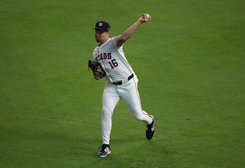 Sep 19, 2024; Houston, Texas, USA;  Houston Astros starting pitcher Yusei Kikuchi (16) warms up before pitching against the Los Angeles Angels at Minute Maid Park. Mandatory Credit: Thomas Shea-Imagn Images