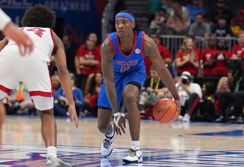 Mar 11, 2026; Charlotte, NC, USA; Southern Methodist University Mustangs guard Jaron Pierre Jr. (5) dribbles during the second half against the Louisville Cardinals at Spectrum Center. Mandatory Credit: Jim Dedmon-Imagn Images