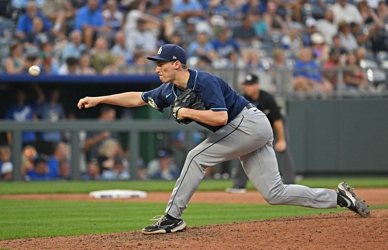 Jul 15, 2023; Kansas City, Missouri, USA;  Tampa Bay Rays relief pitcher Kevin Kelly (49) delivers against the Kansas City Royals in the seventh inning at Kauffman Stadium. Mandatory Credit: Peter Aiken-USA TODAY Sports