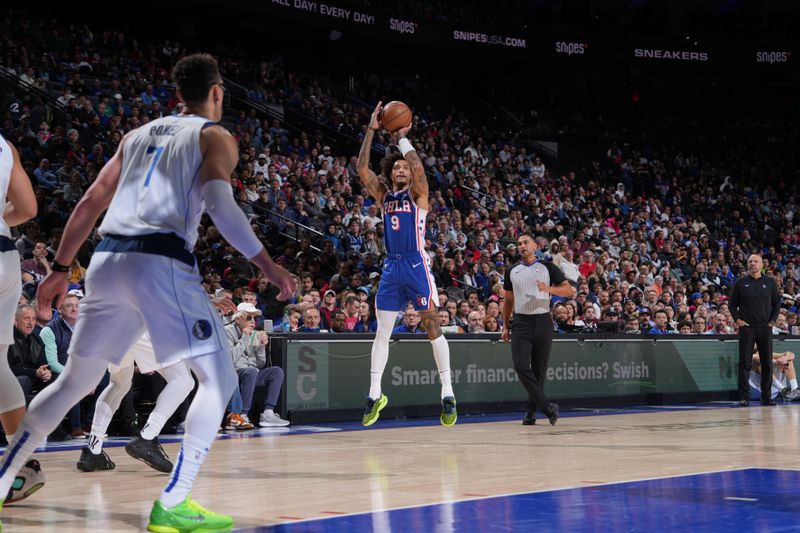 PHILADELPHIA, PA - FEBRUARY 5: Kelly Oubre Jr. #9 of the Philadelphia 76ers shoots the ball during the game against the Dallas Mavericks on February 5, 2024 at the Wells Fargo Center in Philadelphia, Pennsylvania NOTE TO USER: User expressly acknowledges and agrees that, by downloading and/or using this Photograph, user is consenting to the terms and conditions of the Getty Images License Agreement. Mandatory Copyright Notice: Copyright 2024 NBAE (Photo by Jesse D. Garrabrant/NBAE via Getty Images)