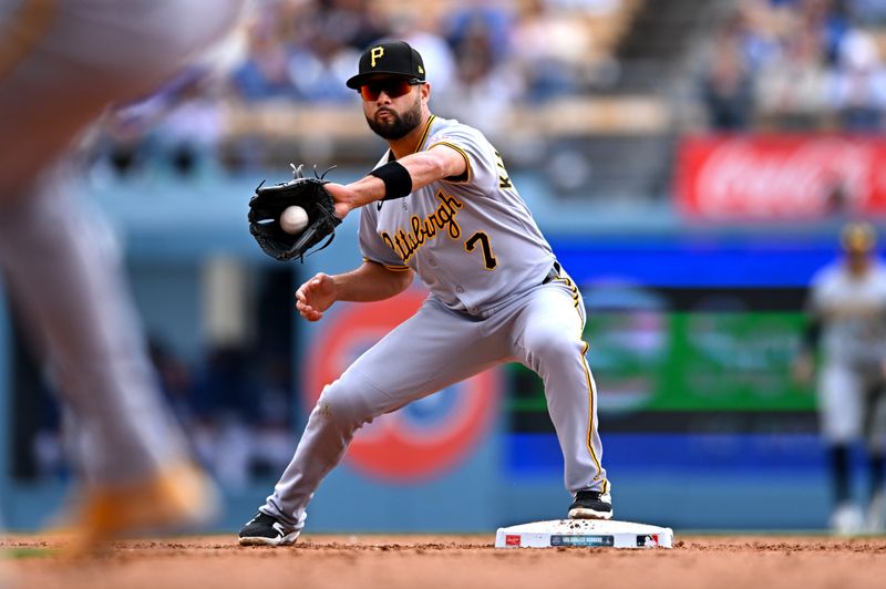 Apr 27, 2025; Los Angeles, California, USA; Pittsburgh Pirates shortstop Isiah Kiner-Falefa (7) makes an out at second during the first inning against the Los Angeles Dodgers at Dodger Stadium. Mandatory Credit: Jonathan Hui-Imagn Images