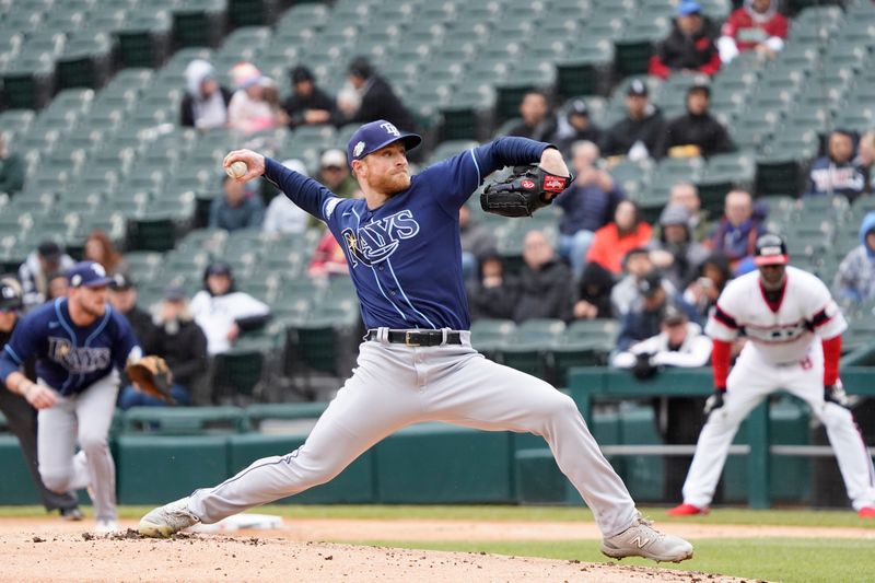 Apr 30, 2023; Chicago, Illinois, USA; Tampa Bay Rays starting pitcher Drew Rasmussen (57) throws a pitch against the Chicago White Sox during the first inning at Guaranteed Rate Field. Mandatory Credit: David Banks-USA TODAY Sports