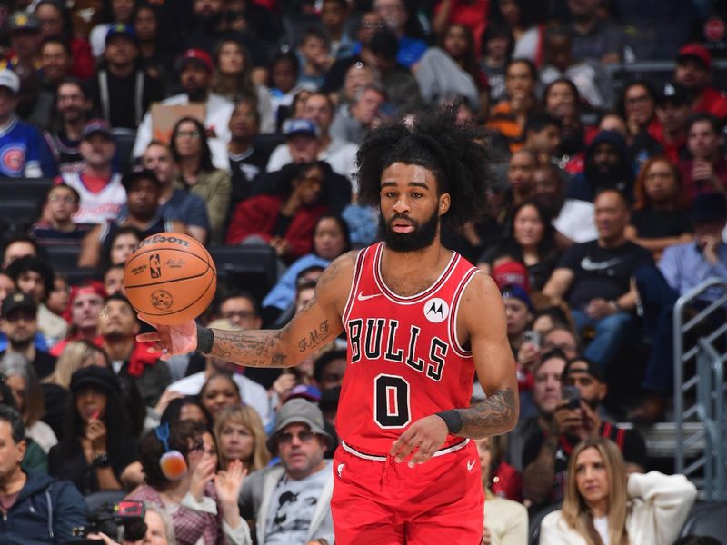 LOS ANGELES, CA - MARCH 9: Coby White #0 of the Chicago Bulls dribbles the ball during the game against the LA Clippers on March 9, 2024 at Crypto.Com Arena in Los Angeles, California. NOTE TO USER: User expressly acknowledges and agrees that, by downloading and/or using this Photograph, user is consenting to the terms and conditions of the Getty Images License Agreement. Mandatory Copyright Notice: Copyright 2024 NBAE (Photo by Adam Pantozzi/NBAE via Getty Images)