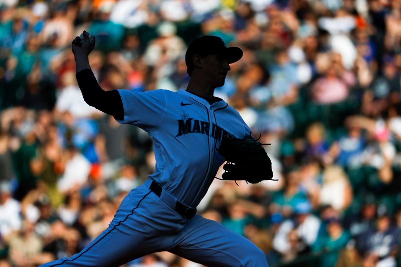 Jul 2, 2024; Seattle, Washington, USA; Seattle Mariners starting pitcher George Kirby (68) throws against the Baltimore Orioles during the first inning at T-Mobile Park. Mandatory Credit: Joe Nicholson-USA TODAY Sports