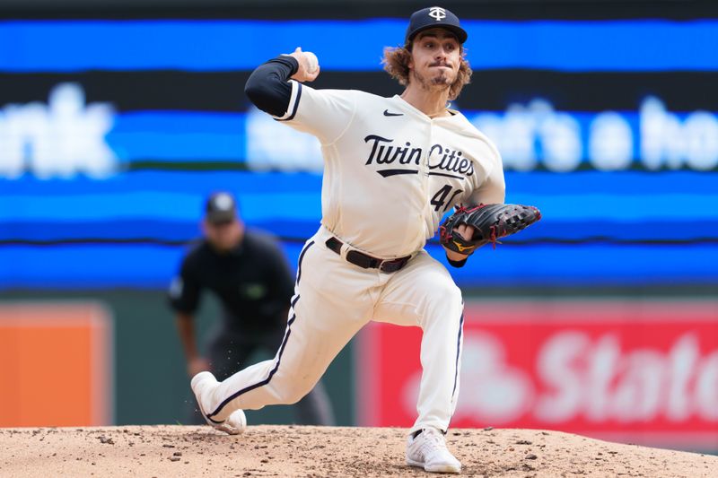 Sep 24, 2023; Minneapolis, Minnesota, USA; Minnesota Twins starting pitcher Joe Ryan (41) pitches in the fourth inning against the Los Angeles Angels at Target Field. Mandatory Credit: Matt Blewett-USA TODAY Sports