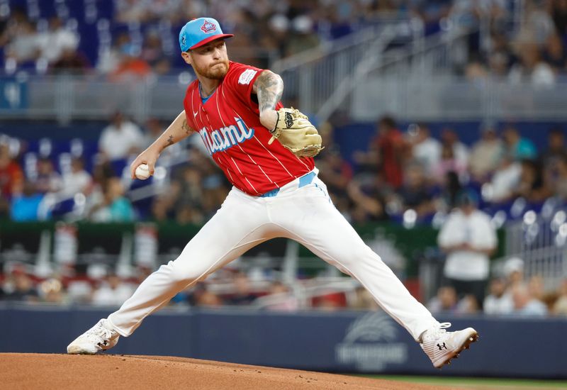 Sep 21, 2024; Miami, Florida, USA;  Miami Marlins starting pitcher Adam Oller (77) pitches against the Atlanta Braves in the first inning at loanDepot Park. Mandatory Credit: Rhona Wise-Imagn Images