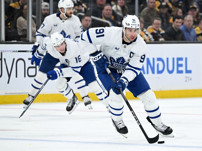 Apr 22, 2024; Boston, Massachusetts, USA; Toronto Maple Leafs center John Tavares (91) skates against the Boston Bruins during the second period in game two of the first round of the 2024 Stanley Cup Playoffs at TD Garden. Mandatory Credit: Brian Fluharty-USA TODAY Sports