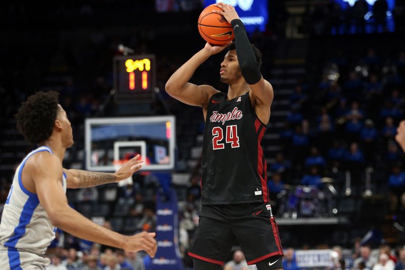 Feb 12, 2023; Memphis, Tennessee, USA; Temple Owls forward Zach Hicks (24) shoots for three during the second half against the Memphis Tigers at FedExForum. Mandatory Credit: Petre Thomas-USA TODAY Sports