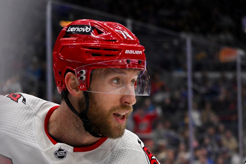 Apr 12, 2024; St. Louis, Missouri, USA;  Carolina Hurricanes defenseman Jaccob Slavin (74) reacts after scoring against the St. Louis Blues during the third period at Enterprise Center. Mandatory Credit: Jeff Curry-USA TODAY Sports