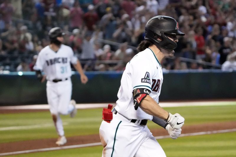 Jul 8, 2023; Phoenix, Arizona, USA; Arizona Diamondbacks left fielder Corbin Carroll (7) celebrates after hitting a walk off RBI single against the Pittsburgh Pirates during the tenth inning at Chase Field. Mandatory Credit: Joe Camporeale-USA TODAY Sports