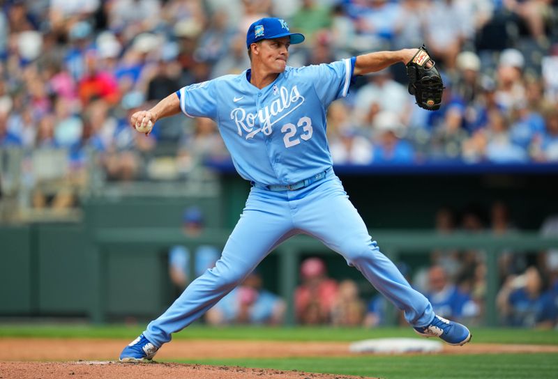 Jun 18, 2023; Kansas City, Missouri, USA; Kansas City Royals starting pitcher Zack Greinke (23) pitches during the second inning against the Los Angeles Angels at Kauffman Stadium. Mandatory Credit: Jay Biggerstaff-USA TODAY Sports