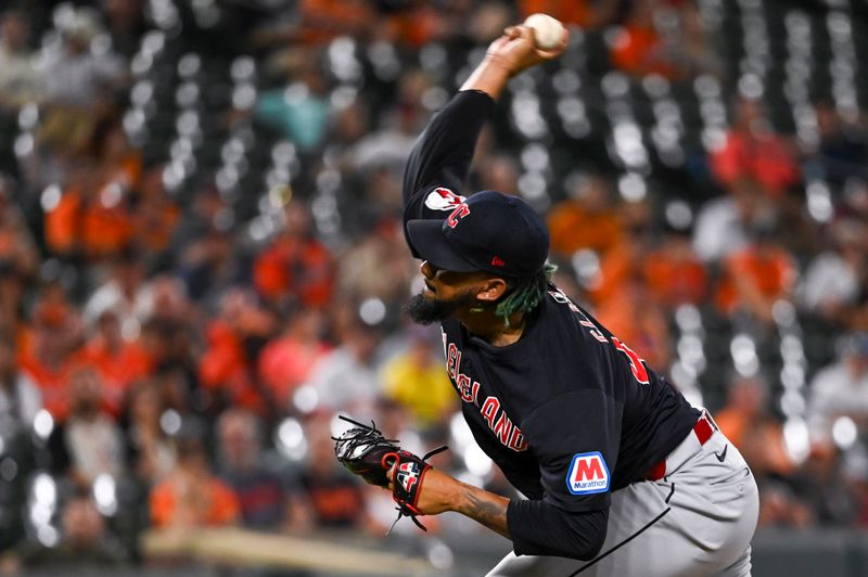 Jun 25, 2024; Baltimore, Maryland, USA; Cleveland Guardians pitcher Emmanuel Clase (48) throws a ninth inning pitch against the Baltimore Orioles  at Oriole Park at Camden Yards. Mandatory Credit: Tommy Gilligan-USA TODAY Sports