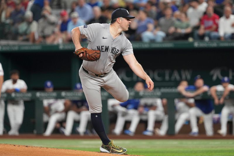 Sep 3, 2024; Arlington, Texas, USA; New York Yankees starting pitcher Carlos Rodon (55) follows through on a pitch to the Texas Rangers during the first inning at Globe Life Field. Mandatory Credit: Jim Cowsert-Imagn Images