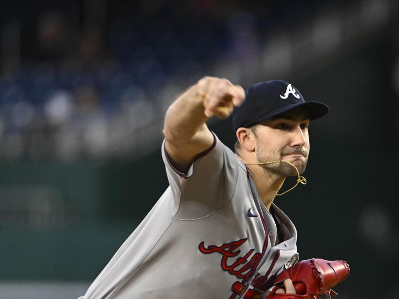 Sep 15, 2025; Washington, District of Columbia, USA; Atlanta Braves starting pitcher Spencer Strider (99) throws to the Washington Nationals during the first inning at Nationals Park. Mandatory Credit: Brad Mills-Imagn Images