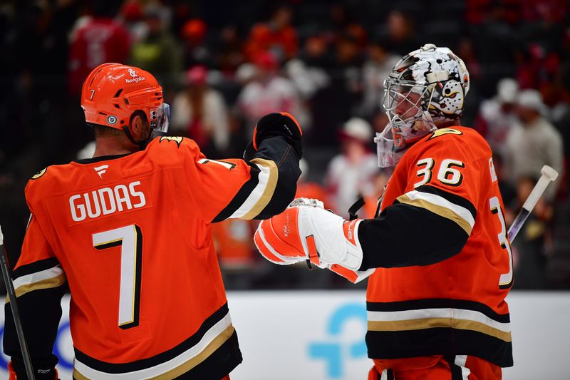 Nov 15, 2024; Anaheim, California, USA; Anaheim Ducks defenseman Radko Gudas (7) and goaltender John Gibson (36) celebrate the victory against the Detroit Red Wings at Honda Center. Mandatory Credit: Gary A. Vasquez-Imagn Images