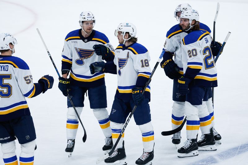 Dec 3, 2024; Winnipeg, Manitoba, CAN;  St. Louis Blues forward Robert Thomas (18) is congratulated by his teammates on his goal against the Winnipeg Jets during the third period at Canada Life Centre. Mandatory Credit: Terrence Lee-Imagn Images