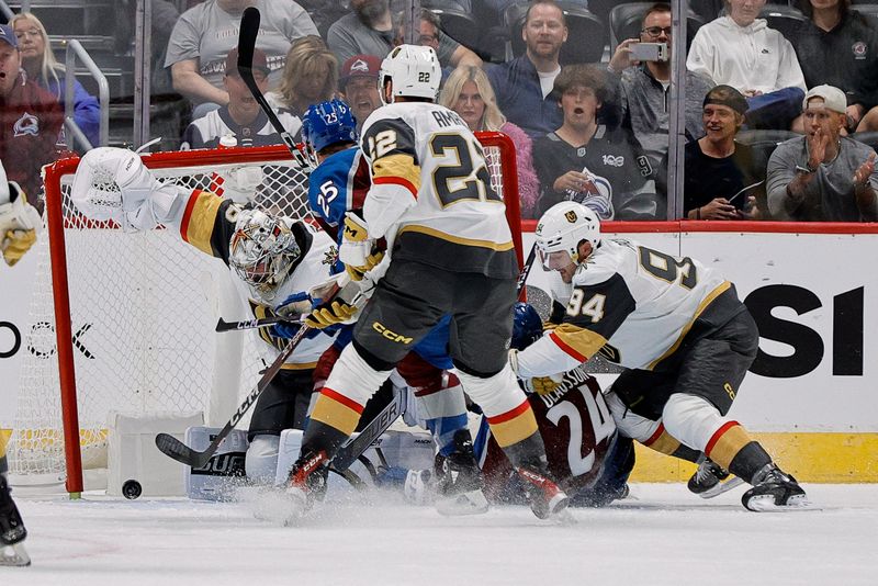 Sep 25, 2023; Denver, Colorado, USA; Colorado Avalanche right wing Oskar Olausson (24) scores a goal against Vegas Golden Knights goaltender Logan Thompson (36) as his is pushed in to the net by defenseman Brayden Pachal (94) as right wing Michael Amadio (22) and right wing Logan O'Connor (25) defend in the first period at Ball Arena. Mandatory Credit: Isaiah J. Downing-USA TODAY Sports