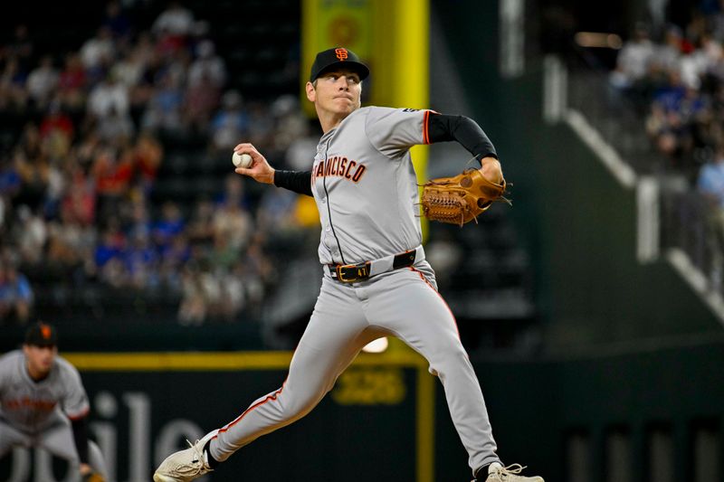 Jun 8, 2024; Arlington, Texas, USA; San Francisco Giants starting pitcher Spencer Howard (56) pitches against the Texas Rangers during the first inning at Globe Life Field. Mandatory Credit: Jerome Miron-USA TODAY Sports