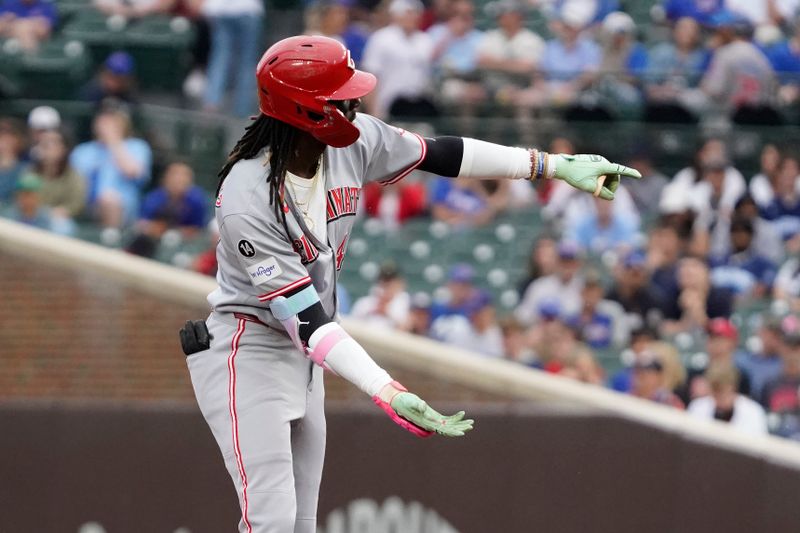May 30, 2025; Chicago, Illinois, USA;Cincinnati Reds shortstop Elly De La Cruz (44) gestures after hitting a double against the Chicago Cubs during the first inning at Wrigley Field. Mandatory Credit: David Banks-Imagn Images