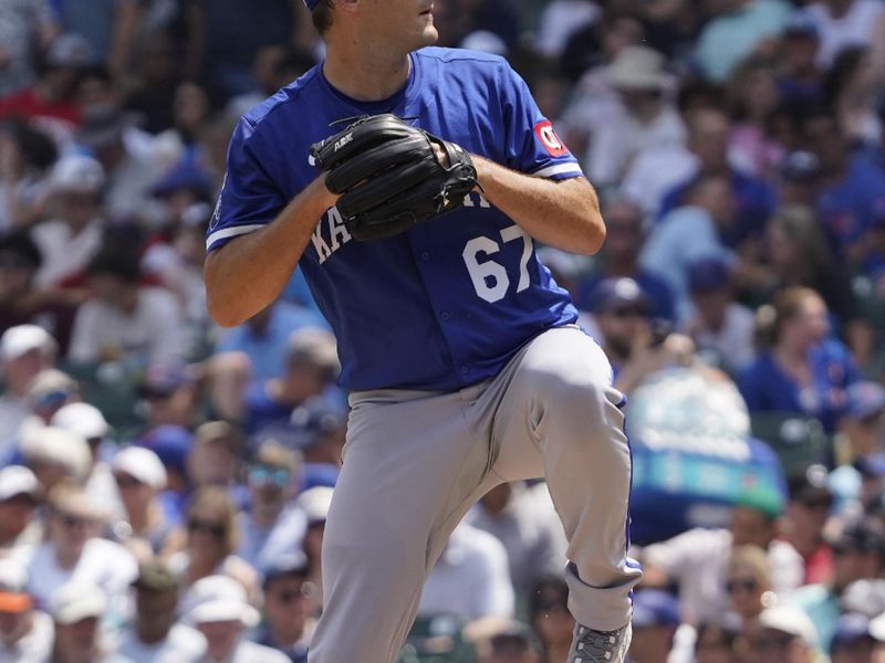 Jul 23, 2025; Chicago, Illinois, USA; Kansas City Royals pitcher Seth Lugo (67) throws the ball against the Chicago Cubs during the first inning at Wrigley Field. Mandatory Credit: David Banks-Imagn Images