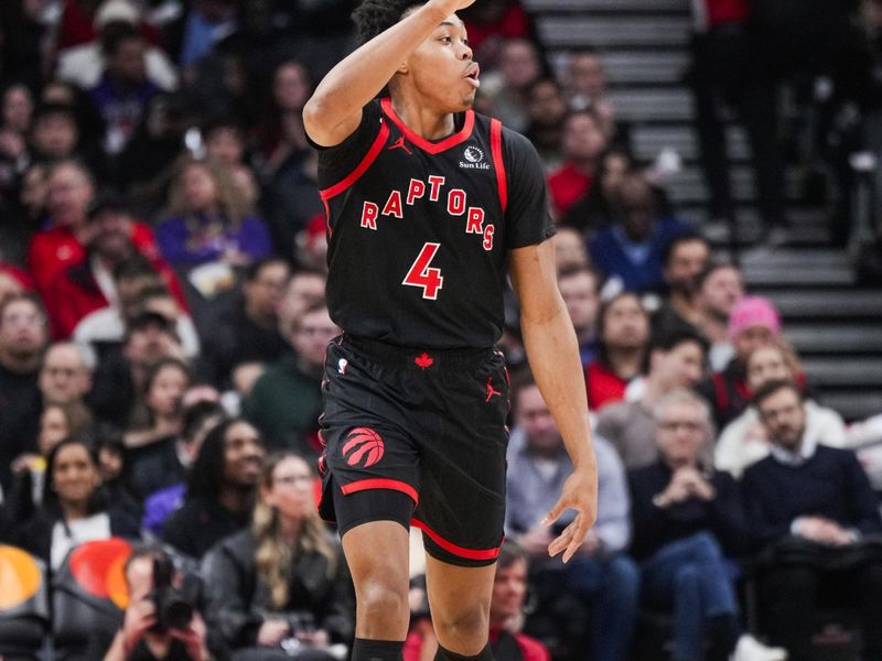 TORONTO, ON - FEBRUARY 9: Scottie Barnes #4 of the Toronto Raptors dribbles against the Houston Rockets during the first half of their basketball game at the Scotiabank Arena on February 9, 2024 in Toronto, Ontario, Canada. NOTE TO USER: User expressly acknowledges and agrees that, by downloading and/or using this Photograph, user is consenting to the terms and conditions of the Getty Images License Agreement. (Photo by Mark Blinch/Getty Images)