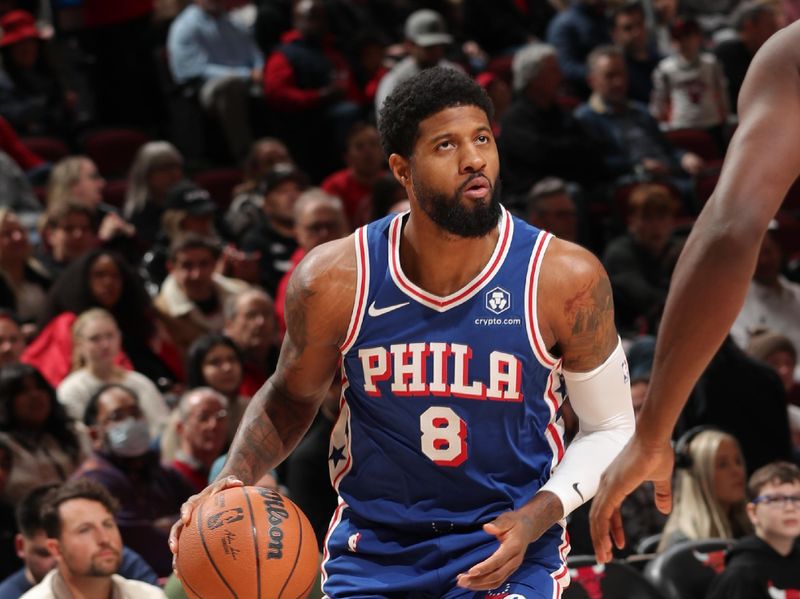 CHICAGO, IL - DECEMBER 8: Paul George #8 of the Philadelphia 76ers dribbles the ball during the game against the Chicago Bulls on December 8, 2024 at United Center in Chicago, Illinois. NOTE TO USER: User expressly acknowledges and agrees that, by downloading and or using this photograph, User is consenting to the terms and conditions of the Getty Images License Agreement. Mandatory Copyright Notice: Copyright 2024 NBAE (Photo by Gary Dineen/NBAE via Getty Images)