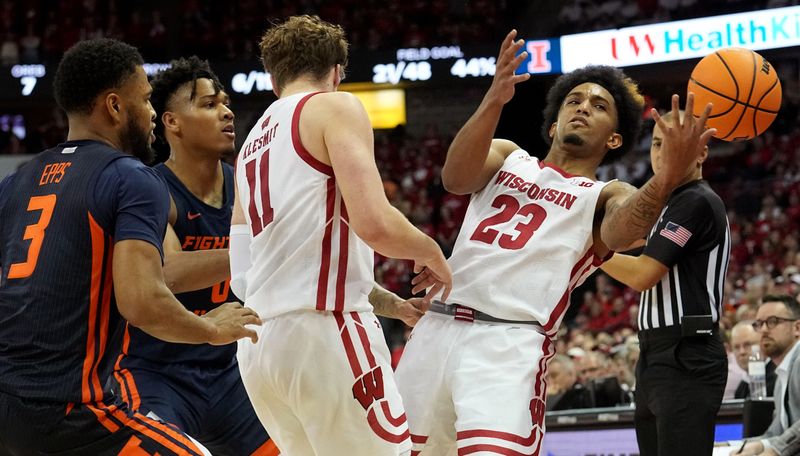 Jan 1, 2023; Madison, Wis, USA; Wisconsin guard Chucky Hepburn (23) fails to keep a ball inbounds during the second half of their game at the Kohl Center. Mandatory Credit: Mark Hoffman/Milwaukee Journal Sentinel via USA TODAY NETWORK