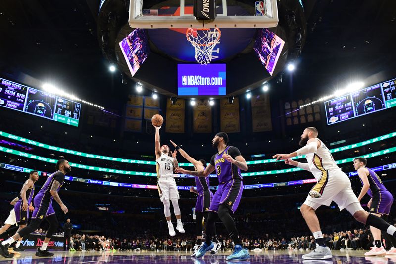 LOS ANGELES, CA - FEBRUARY 9:  Jose Alvarado #15 of the New Orleans Pelicans drives to the basket during the game against the Los Angeles Lakers on February 9, 2024 at Crypto.Com Arena in Los Angeles, California. NOTE TO USER: User expressly acknowledges and agrees that, by downloading and/or using this Photograph, user is consenting to the terms and conditions of the Getty Images License Agreement. Mandatory Copyright Notice: Copyright 2024 NBAE (Photo by Adam Pantozzi/NBAE via Getty Images)