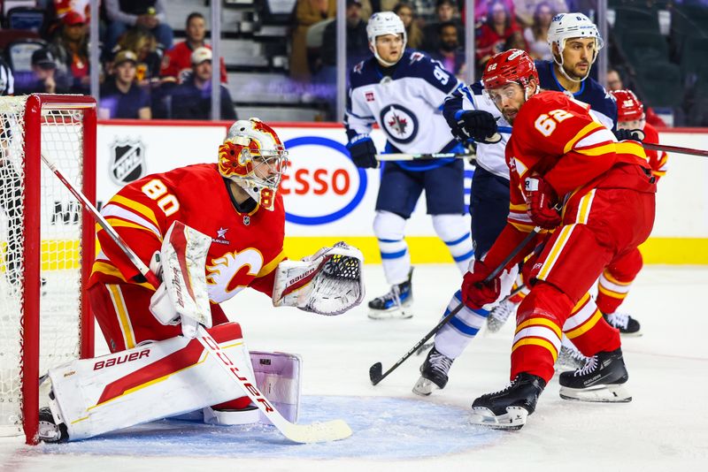 Oct 4, 2024; Calgary, Alberta, CAN; Calgary Flames goaltender Dan Vladar (80) guards his net against the Winnipeg Jets during the first period at Scotiabank Saddledome. Mandatory Credit: Sergei Belski-Imagn Images