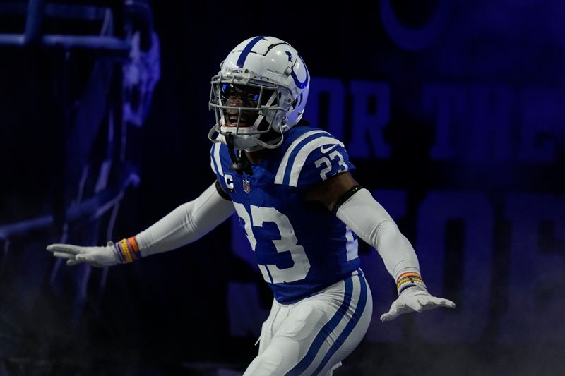 Indianapolis Colts cornerback Kenny Moore II (23) is introduced before an NFL football game against the Houston Texans, Saturday, Jan. 6, 2024, in Indianapolis. (AP Photo/Darron Cummings)