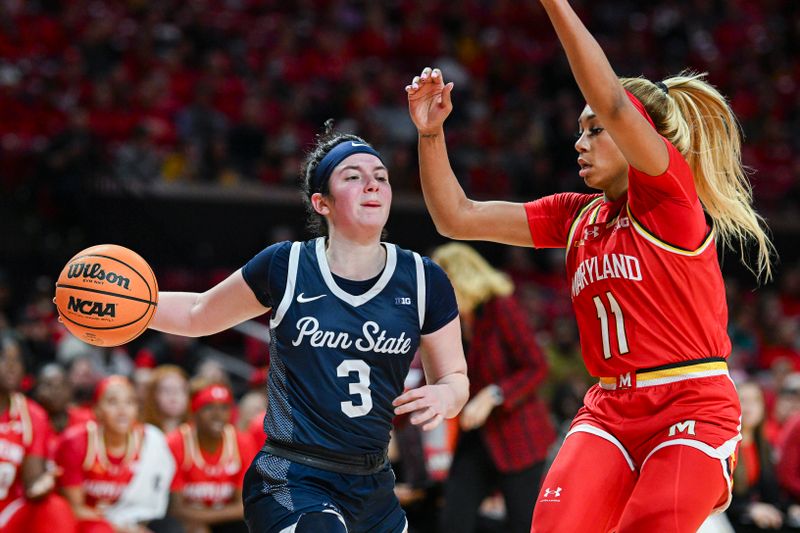 Feb 18, 2024; College Park, Maryland, USA;  Penn State Nittany Lions guard Moriah Murray (3) passes around Maryland Terrapins guard Jakia Brown-Turner (11) during the first half at Xfinity Center. Mandatory Credit: Tommy Gilligan-USA TODAY Sports