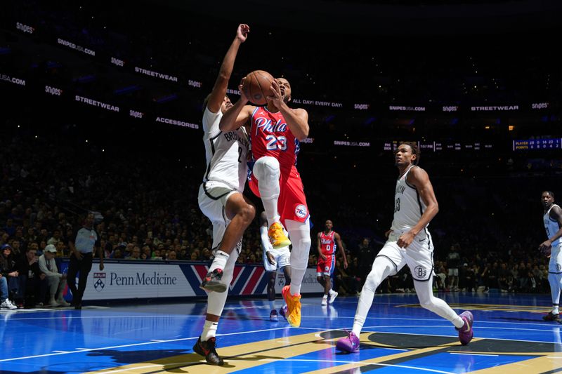 PHILADELPHIA, PA - NOVEMBER 22: Eric Gordon #23 of the Philadelphia 76ers drives to the basket during the game against the Brooklyn Nets during the Emirates NBA Cup game on November 22, 2024 at the Wells Fargo Center in Philadelphia, Pennsylvania NOTE TO USER: User expressly acknowledges and agrees that, by downloading and/or using this Photograph, user is consenting to the terms and conditions of the Getty Images License Agreement. Mandatory Copyright Notice: Copyright 2024 NBAE (Photo by Jesse D. Garrabrant/NBAE via Getty Images)