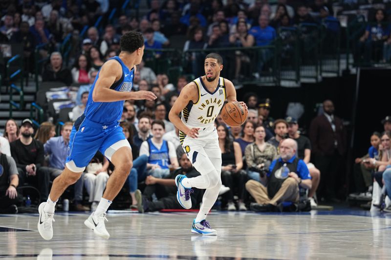 DALLAS, TX - MARCH 5: Tyrese Haliburton #0 of the Indiana Pacers dribbles the ball during the game against the Dallas Mavericks on March 5, 2024 at the American Airlines Center in Dallas, Texas. NOTE TO USER: User expressly acknowledges and agrees that, by downloading and or using this photograph, User is consenting to the terms and conditions of the Getty Images License Agreement. Mandatory Copyright Notice: Copyright 2024 NBAE (Photo by Glenn James/NBAE via Getty Images)