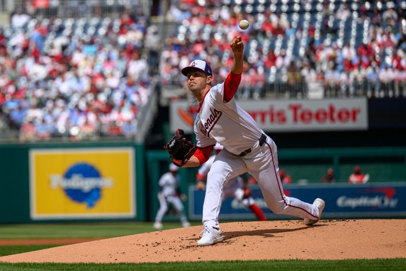 Apr 7, 2024; Washington, District of Columbia, USA; Washington Nationals pitcher MacKenzie Gore (1) throws a pitch during the first inning against the Philadelphia Phillies at Nationals Park. Mandatory Credit: Reggie Hildred-USA TODAY Sports