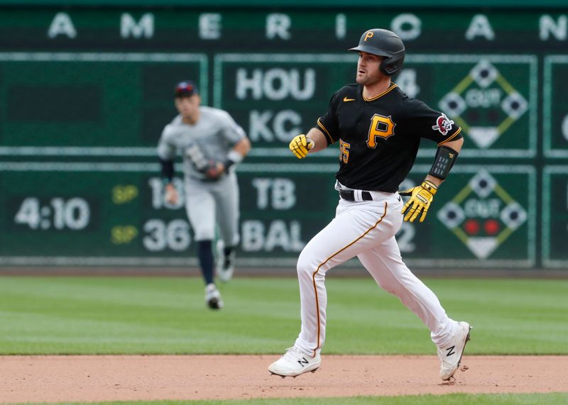 Sep 17, 2023; Pittsburgh, Pennsylvania, USA;  Pittsburgh Pirates catcher Jason Delay (55) runs to second base with an RBI double against the New York Yankees during the seventh inning at PNC Park. Pittsburgh won 3-2. Mandatory Credit: Charles LeClaire-USA TODAY Sports