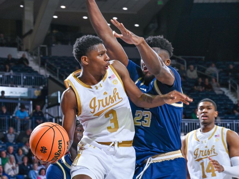 Feb 14, 2024; South Bend, Indiana, USA; Notre Dame Fighting Irish guard Markus Burton (3) passes the ball as Georgia Tech Yellow Jackets forward Ibrahima Sacko (23) defends in the second half at the Purcell Pavilion. Mandatory Credit: Matt Cashore-USA TODAY Sports