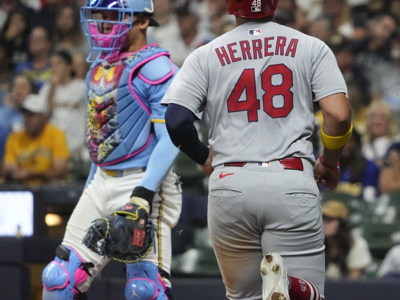 Sep 12, 2025; Milwaukee, Wisconsin, USA; St. Louis Cardinals catcher Ivan Herrera (48) scores a run against the Milwaukee Brewers in the sixth inning at American Family Field. Mandatory Credit: Michael McLoone-Imagn Images