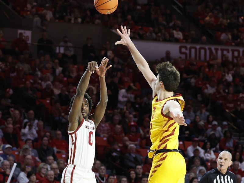 Jan 6, 2024; Norman, Oklahoma, USA; Oklahoma Sooners guard Le'Tre Darthard (0) shoots a three point basket as Iowa State Cyclones forward Milan Momcilovic (22) defends during the second half at Lloyd Noble Center. Mandatory Credit: Alonzo Adams-USA TODAY Sports