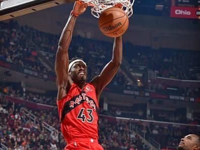 CLEVELAND, OH - NOVEMBER 26: Pascal Siakam #43 of the Toronto Raptors drives to the basket during the game against the Cleveland Cavaliers on November 26, 2023 at Rocket Mortgage FieldHouse in Cleveland, Ohio. NOTE TO USER: User expressly acknowledges and agrees that, by downloading and/or using this Photograph, user is consenting to the terms and conditions of the Getty Images License Agreement. Mandatory Copyright Notice: Copyright 2023 NBAE (Photo by David Liam Kyle/NBAE via Getty Images)