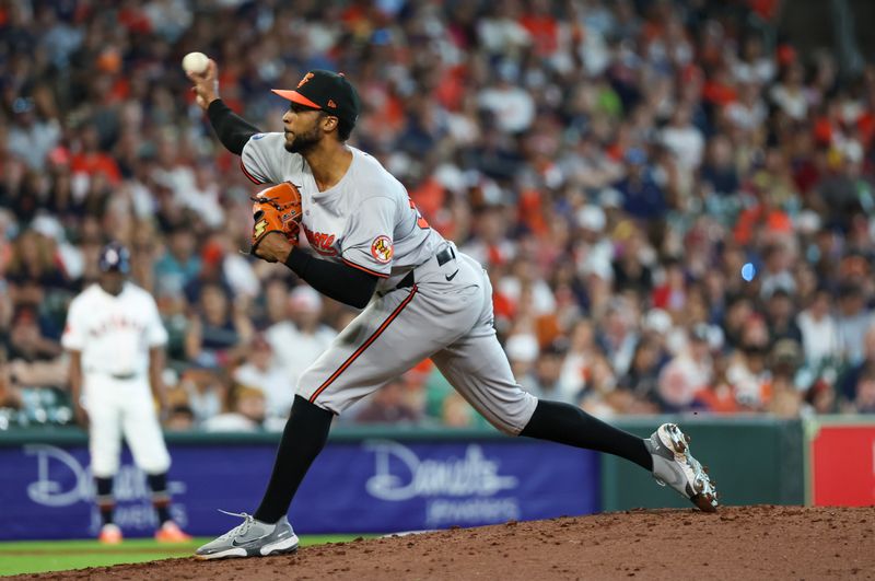 Jun 23, 2024; Houston, Texas, USA;  Baltimore Orioles relief pitcher Dillon Tate (55) pitches against the Houston Astros in the sixth inning at Minute Maid Park. Mandatory Credit: Thomas Shea-USA TODAY Sports