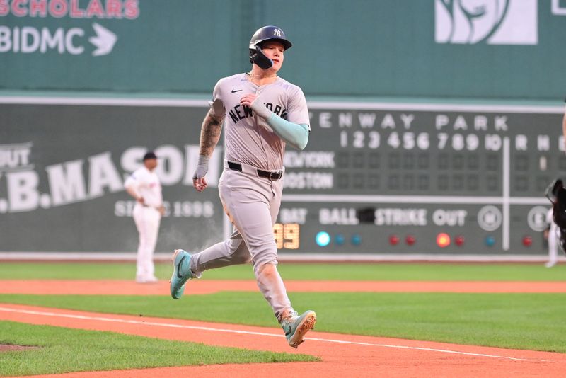 Jul 28, 2024; Boston, Massachusetts, USA; New York Yankees right fielder Alex Verdugo (24) scores on a hit by designated hitter Aaron Judge (99) (not pictured) during the first inning against the Boston Red Sox at Fenway Park. Mandatory Credit: Eric Canha-USA TODAY Sports