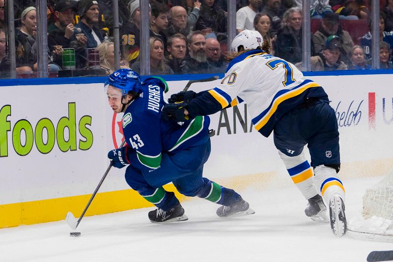 Jan 24, 2024; Vancouver, British Columbia, CAN; St. Louis Blues forward Oskar Sundqvist (70) checks Vancouver Canucks defenseman Quinn Hughes (43) into the end boards in the third period at Rogers Arena. Blues 4-3 in overtime. Mandatory Credit: Bob Frid-USA TODAY Sports