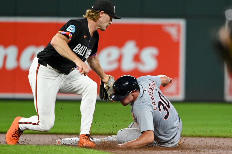 Sep 20, 2024; Baltimore, Maryland, USA; Baltimore Orioles shortstop Gunnar Henderson (2) tags out Detroit Tigers outfielder Kerry Carpenter (30) on a first inning steel attempt  at Oriole Park at Camden Yards. Mandatory Credit: Tommy Gilligan-Imagn Images