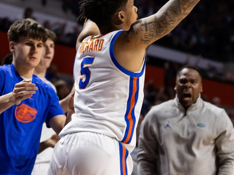 Feb 28, 2024; Gainesville, Florida, USA; Florida Gators guard Will Richard (5) gestures after a three-point shot against the Missouri Tigers during the second half at Exactech Arena at the Stephen C. O'Connell Center. Mandatory Credit: Matt Pendleton-USA TODAY Sports