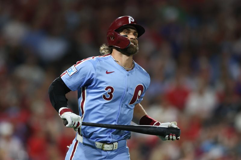 Aug 29, 2024; Philadelphia, Pennsylvania, USA; Philadelphia Phillies first base Bryce Harper (3) reacts after popping out during the fifth inning against the Atlanta Braves at Citizens Bank Park. Mandatory Credit: Bill Streicher-USA TODAY Sports